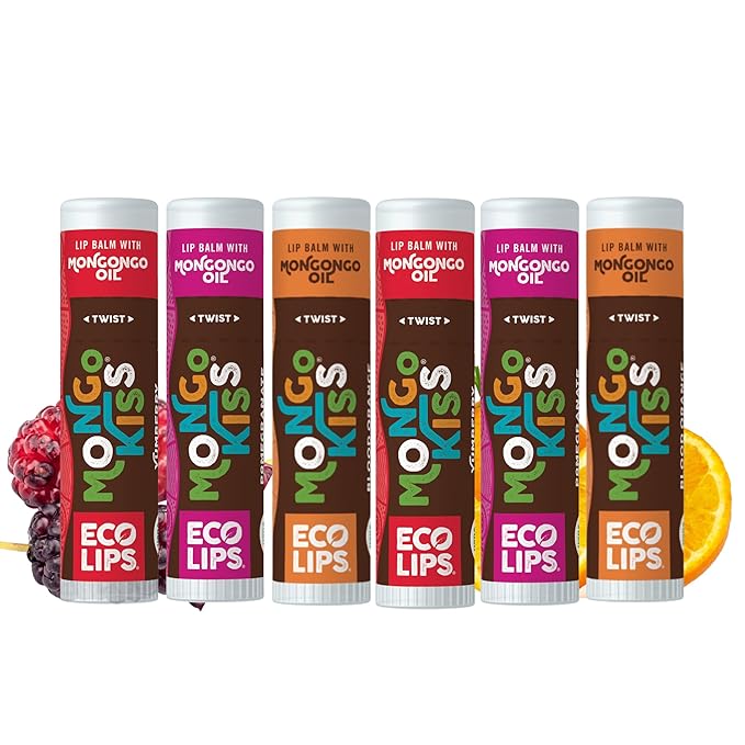 Mongo Kiss Organic Lip Balm 6-Pack by Eco Lips 100% Organic Beeswax & Cocoa Butter Lip Care with Mongongo Oil - Soothe & Moisturize Dry & Cracked Lips - Made in USA. (Pomegranate, Yumberry, Blood Oran