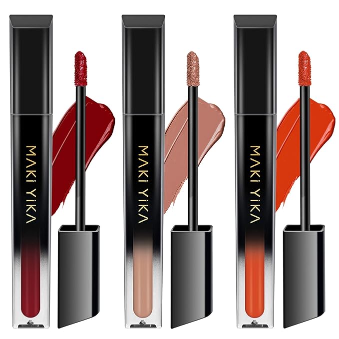 MAKI YIKA 3Pcs Matte Liquid Lipstick Makeup Set Dark Red Nude Orange Lipstick Long Lasting Smudgeproof Transfer Proof Lip Makeup, DarkRed/Nude/Orange