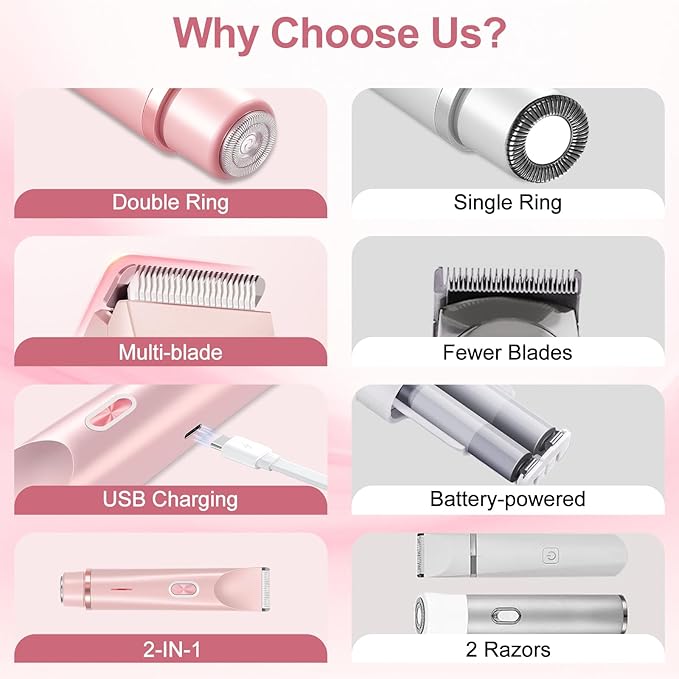 2025 New Bikini Trimmer for Women, 2 in 1 Dual Head Body Bikini Shaver, Ultra Low Silent, Painless & Cordless Hair Removal for Body , IPX7 Waterproof & Easy Cleaning for Shower & Travel (Pink)