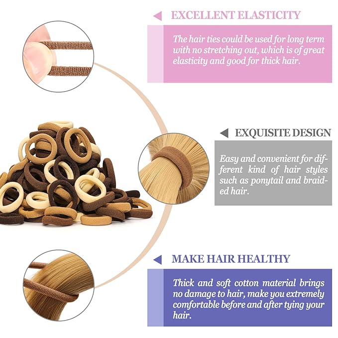 Brown Cotton Hair Ties - 100PCS Seamless Thick Elastic Ponytail Holders, No Crease, No Damage for Women, Kids, and Babies