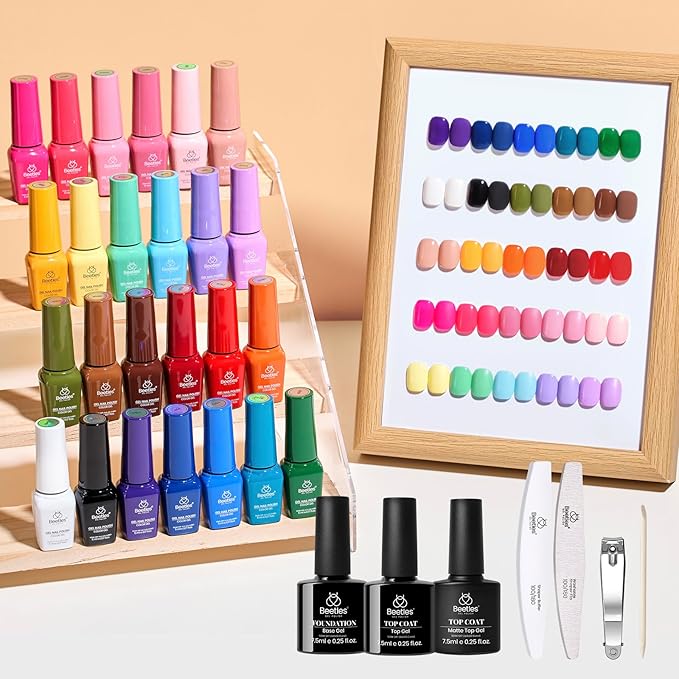 Beetles Gel Nail Polish Seasons Impressions Collection - 25 Colors Uv Gel Nail Kit Brown Burgundy Black White Red Pink Nude Green Purple Blue Glossy Matte Glitter Top Base Coat Gifts for Women