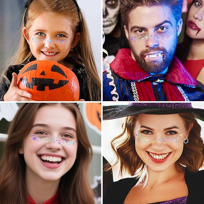 8Pcs Halloween Face Makeup Patches, Glitter Freckles Face Tattoo for Teenagers & Young Women, Sparkle Freckles Makeup Patches, Waterproof Face Glitter Freckles (8PcsC Holographic Multicolor)