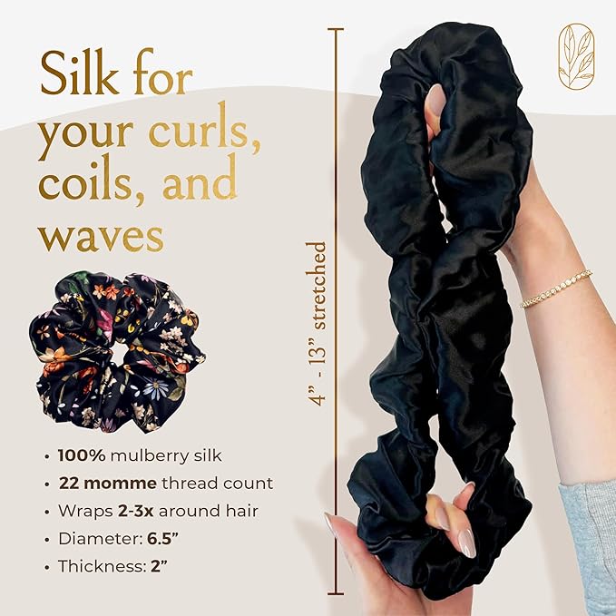 Silk Scrunchies Ponytail Holders – Oversized Mulberry Silk Scrunchies – Extra Large No Damage Hair Ties for Curly, Thick, and Thin - Hair Accessories for Women – Midnight Blooms, XL By Curlfriend