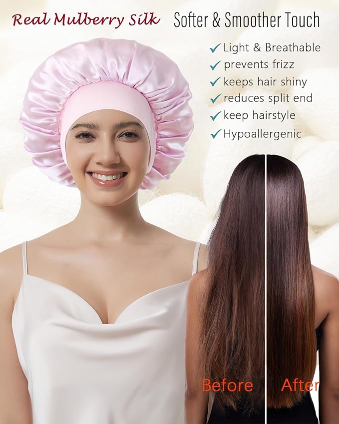 100% Mulberry Silk Bonnet for Sleeping Women, Real Pure Silk Bonnets, Double Layer Sleep Cap with Elastic Band for Curly Hair