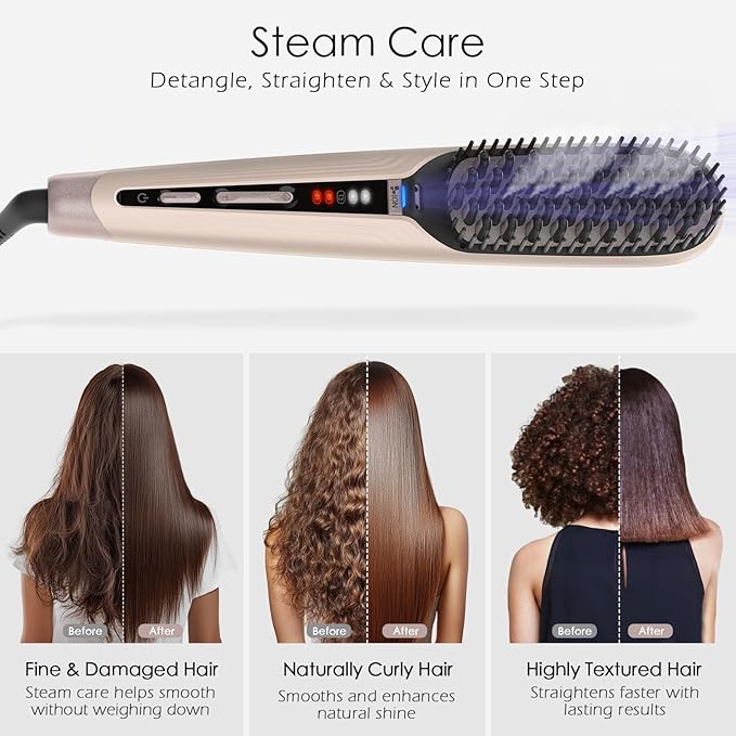 Tome Steam Hair Straightener Brush, 3-in-1 Ionic Straightening Comb with 2 Steam Levels, 3 Heat Settings (356°F–428°F), Dual Voltage 110-240V, Anti-Scald Design for Frizzy & Curly Hair Color Pink