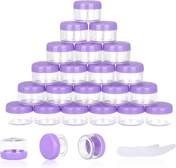 25PCS 5 Gram Sample Containers, 5ml Empty Jars with Lids, Small Cosmetic Containers, Mini Sample Jars with 2PCS Mini Spatulas for Make Up, Oils, Lotion, Powder, Paint, Jewelry, Lip Balms(Purple Lid)
