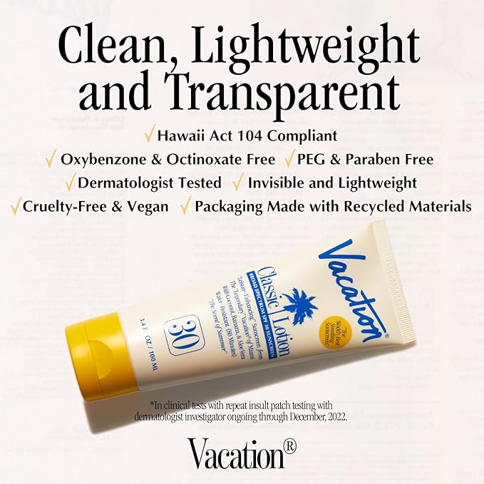 Vacation Classic Sunscreen Lotion SPF 30 & Air Freshener Bundle, Water-Resistant, Lightweight, Transparent on All Skin Tones, Dermatologist-Tested, Vegan, Travel Size, 3.4 Fl. Oz.