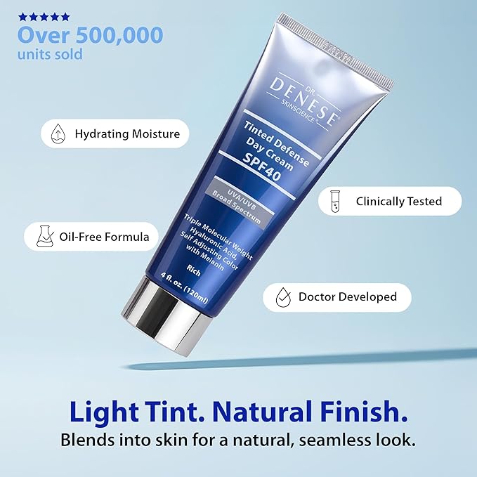 Dr. Denese SPF 40 Defense Day Cream 4 oz – Natural Tinted Moisturizer & Daily Sunscreen for Radiant Hydrated Skin – BB Cream with Antioxidants for Smooth Even Tone – Universal Shade for All Skin Types