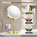 10X Large Lighted Makeup Mirror, Rechargeable 8" Height Adjustable Vanity Mirror, 1x/10x Magnifying Mirror with 3 Color, Brightness Adjustable, 360° Rotation Double Sided Mirror, Ideal Gift(Gold)