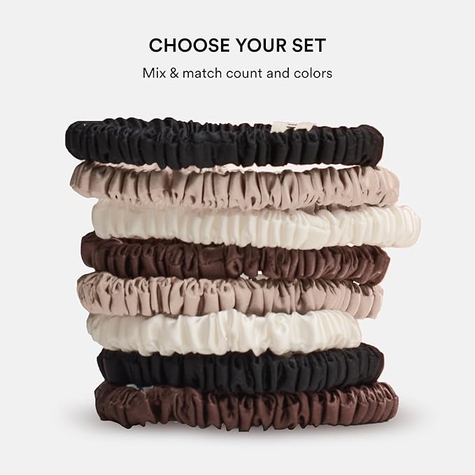 Clementine Sleepwear Organic Silk Scrunchie Set Ice Cream | 8 Skinny Scrunchies Made with GOTS Certified Silk for Frizz-Free Styling and Gentle Hair Care