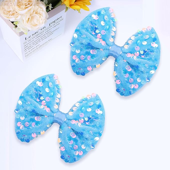 Velvet Sequin Hair Bows Elegant Blue Bow for Women Girls, 4in Glitter Handmade Hair Clips Alligator Clips Sparkly Ponytail Holder Hair Accessories for Christmas, Birthday Party, Wedding, Valentines