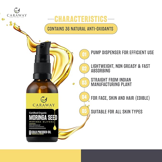 CARAWAY Organic 100% Pure Cold-Pressed Moringa Seed Oil - 4 fl oz | Unrefined Moringa Oil - Anti-Aging & Anti-Dandruff | Great for Hair, Skin and Face | Ideal Carrier Oil For Essential Oils Mixing