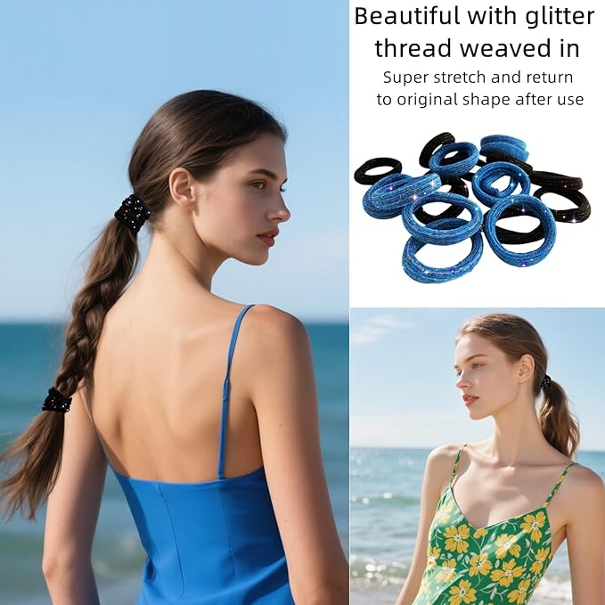Large Stretch Thick Hair Ties for All Hair Types Seamless Glitter Hair Ponies Elastics Ponytail Holders Hair Scrunchies for Thick Hair Hair Accessories Women Girls 20-Pack