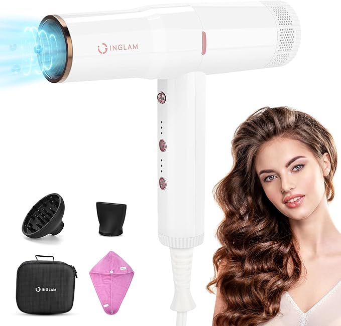 Hair Blow Dryer with Diffuser, IG INGLAM Professional High Speed Brushless Motor Negative Ion Low Noise Constant Temperature, 3 Heat Settings 3 Speeds and Cool Shot Brutton Powerful Ionic Hair Dryer