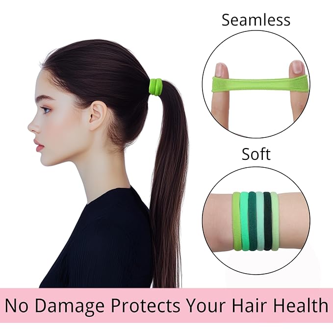 LuSeren 120 Pcs Green Hair Ties for Women, No Damage Soft Seamless Nylon Hair Elastics for Thick Hair, Ponytail Holders,6 Gradient Green Hair Accessories