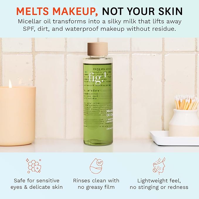 Fig.1 Micellar Oil Cleanser Refill for Face - Makeup Remover Cleansing oil, Facial Cleanser - Squalane & Grapeseed Oil Formula, Cleanse without Clogging Pores, Acne-Prone Facial Skincare, 3.4 Fl/Oz