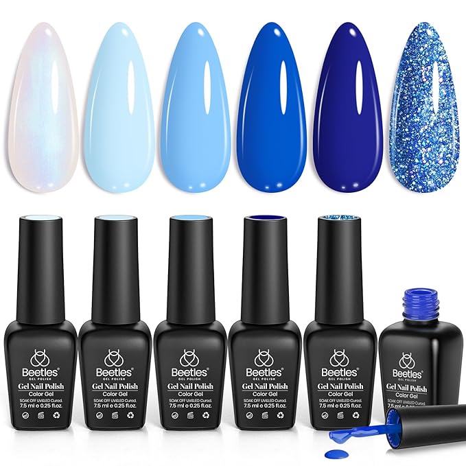 Beetles Blue Gel Nail Polish,6 Colors Baby Blue Glitter Aquarius Holy Water Collection Fall Winter Gel Polish Soak off Uv Led Lamp Nail Art Manicure Gifts for Women