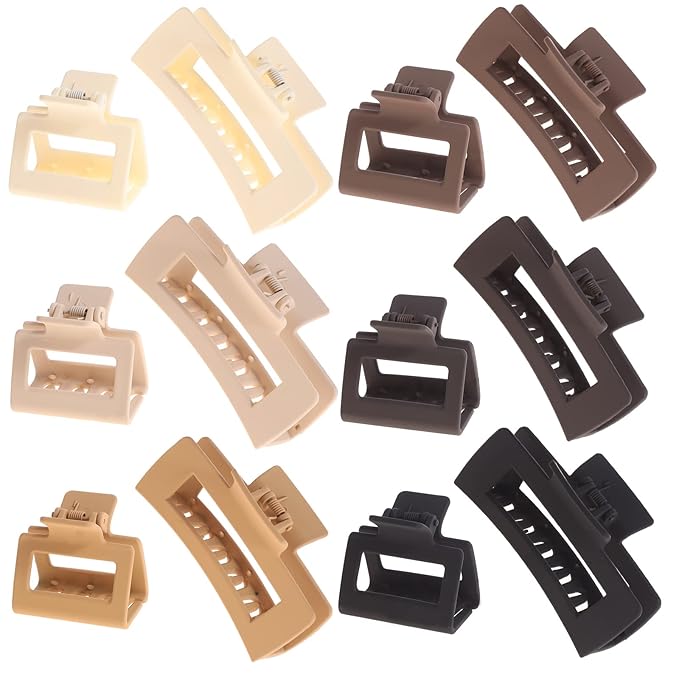 12 Pack Square Claw Clips, Big and Small Neutral Rectangle Hair Claw Clips, Non-slip Matte Large Hair Clips for Women,Strong Hold jaw clip for Thick Thin Hair (Neutral)