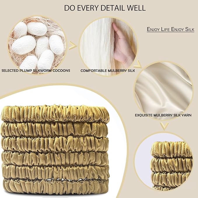 Suncdelv Silk,100% Silk Scrunchies for Hair,22 Momme Hair Ties for Anti-Crease & Breakage,Natural Women Hair Accessories，Fashion Hairbands 6PCS（Ancient Gold）