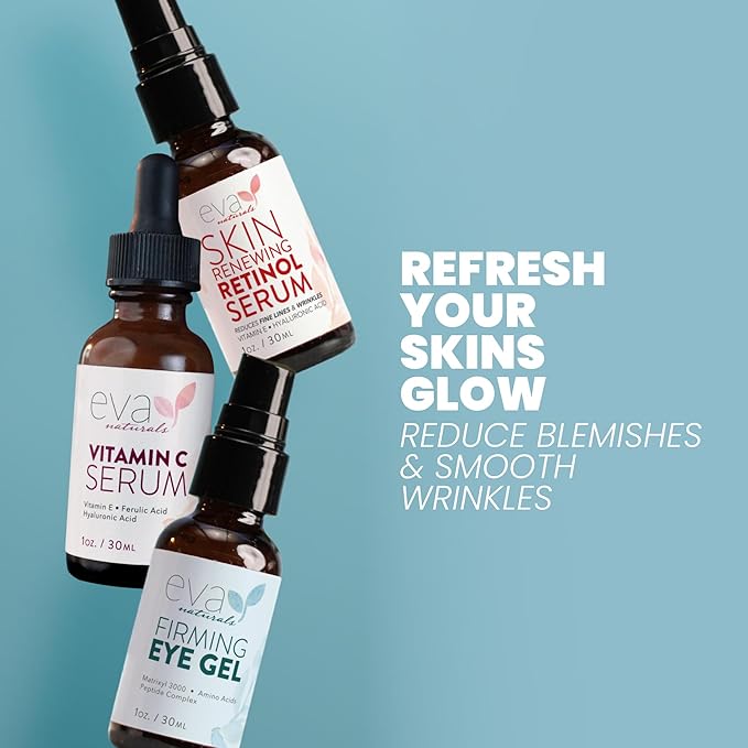 Eva Naturals Facelift in a Bottle Serum Set – Vitamin C, Retinol & Eye Gel for Face & Eyelid – Firming Wrinkle Moisturizer Kit – Dark Circle, Eye Bag & Neck Care – Anti Wrinkle Skin Care for Women