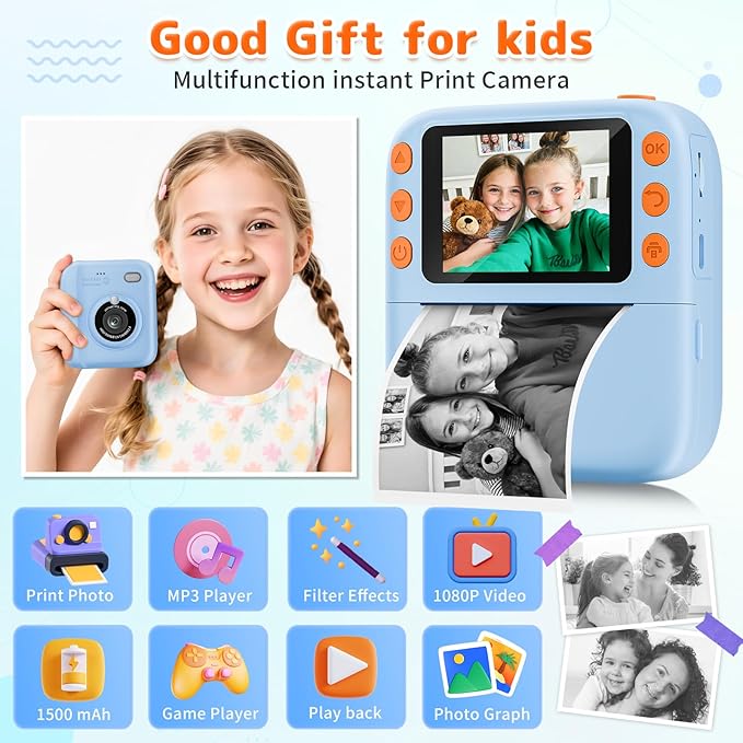Instant Print Camera for Kids, Christmas Birthday Gifts for Girls Boys, 1080P Instant Digital Print Cameras for Toddler,Portable Toy for 4 5 6 7 8 9 10 Year Old Girl with 32GB SD Card，Light Blue