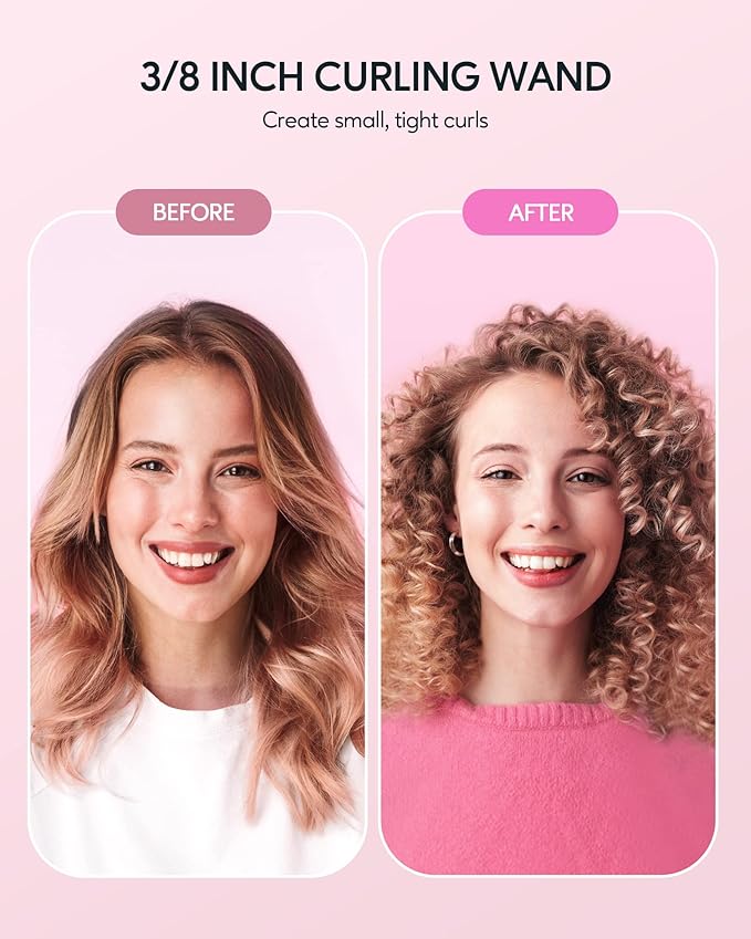 Wavytalk 3/8 Inch Small Curling Wand, Wand Curling Iron for Short & Long Hair, Ceramic Barrel with Adjustable Temperature, Heat Resistant Glove Included (Rose Pink)