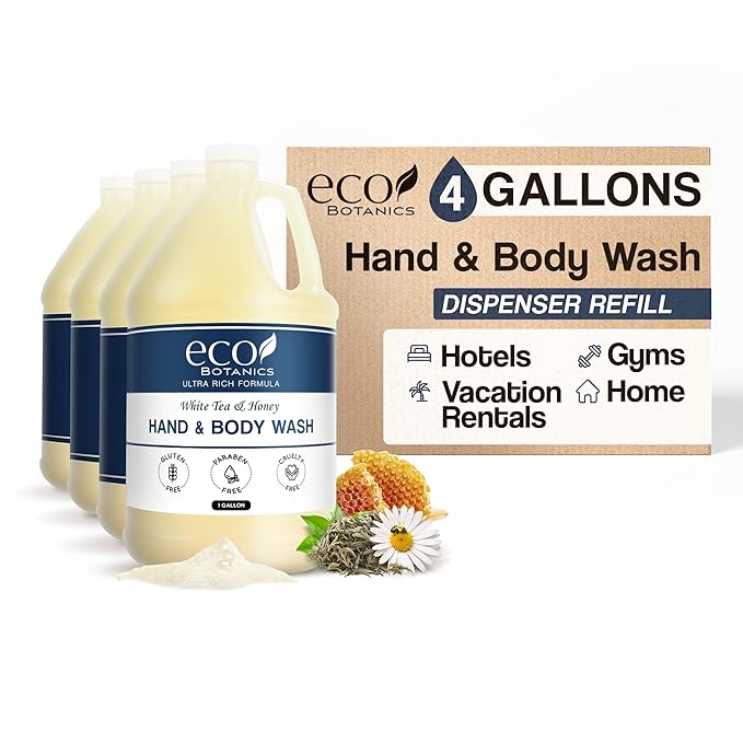 1-Shoppe Terra Pure Eco Botanics Natural Hand & Body Wash with Raw Honey & White Tea | Gallon Jug Bulk Toiletries for Airbnb, Vacation Rentals, and Home Bathroom| Refill For Soap Dispensers | Set Of 4