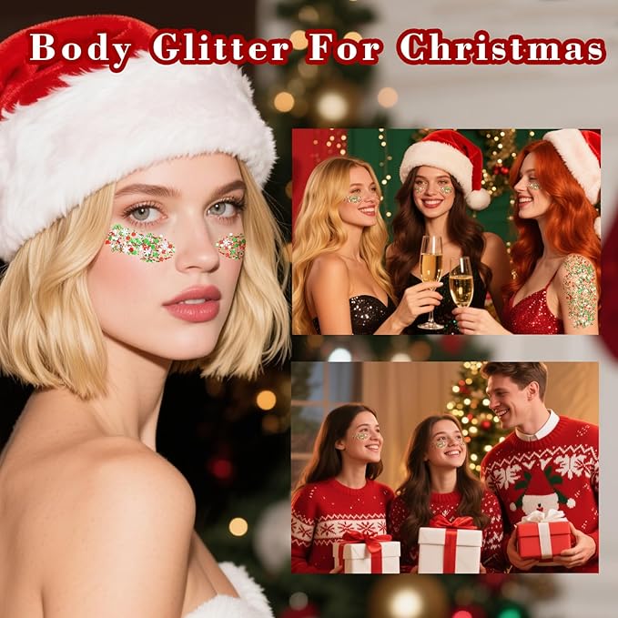 MEICOLY Christmas Face Body Glitter Gel,Christmas Hair Glitter,Christmas Accessories Stocking Stuffers Gift Decorations,Festival Face Glitter Makeup for Women Kids Girls,Chunky Glitter Face Paint