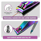 2PCS Stainless Steel Nail Clippers,Rainbow Fingernail Clipper and Toenail Clipper, Wide Easy Press Lever Nail Cutter with Swing Out Nail Cleaner/File for Men and Women