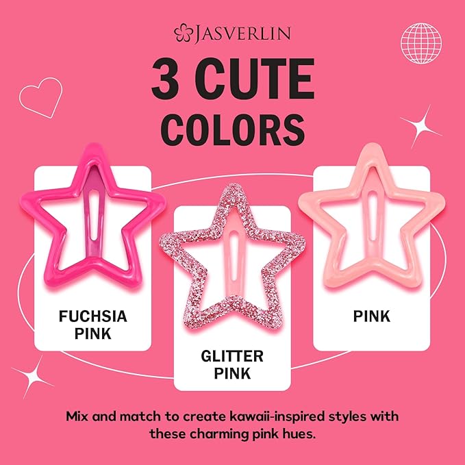 36 Pcs Star Snap Hair Clips, Y2k Colorful Cute Barrettes for Women Girls, Thick Fine Non-Slip Hairclips Accessories Glitter Kawaii Rave Assorted Size Style (Pink)