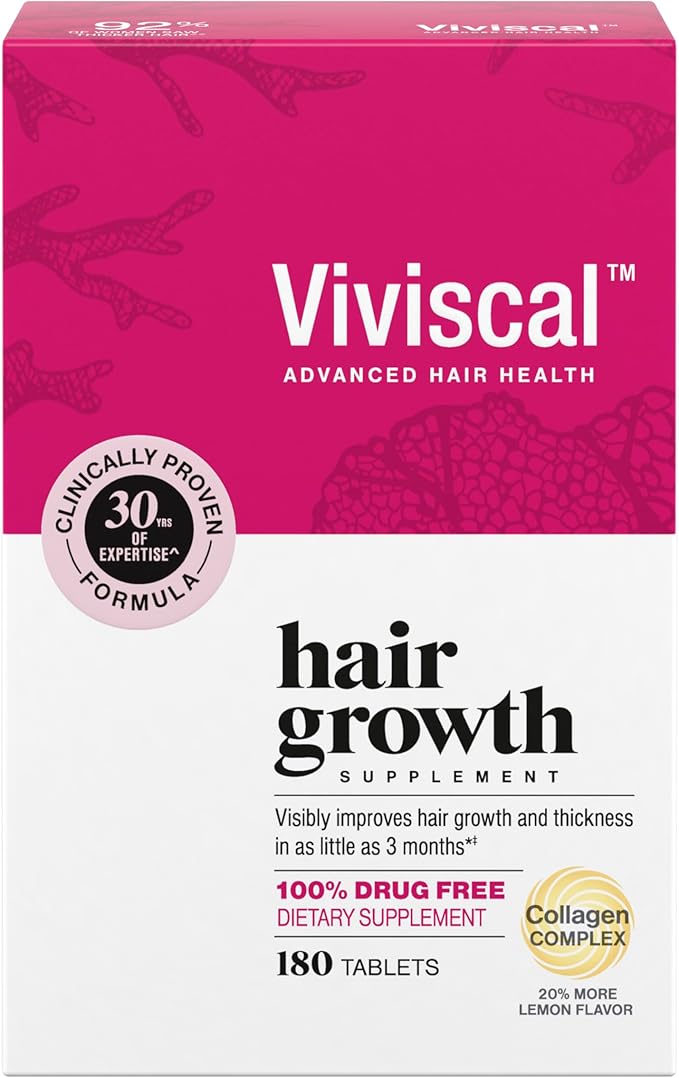 Viviscal Hair Growth Supplements for Women, Thicker Fuller Hair Support for Thinning Hair and Hair Loss, with Biotin and Marine Collagen, Drug-Free, 180 Tablets, 90-Day Supply