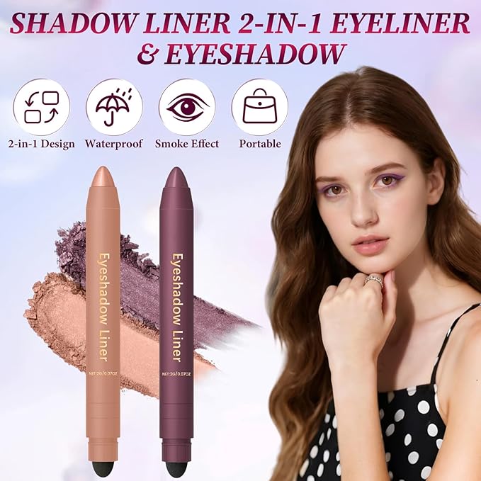 Shadow Liner 2in 1 Eyeliner Eyeshadow,Shadow Liner Duo Plum,2-in-1 Eye Makeup Eyeliner +Eyeshadow,Waterproof,Smooth,Easy to Color(Champagne+Purple)