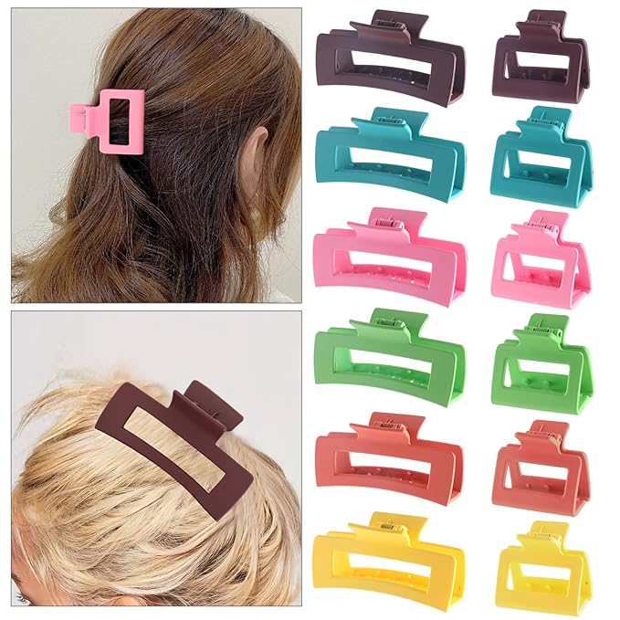 12Pack Colorful Trendy Square Hair Clips, Big and Small Neutral Rectangle Claw Clips, Non-slip Matte Large Hair Clips for Women, Hair Clasps Accessories Red Green Yellow