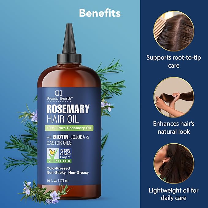 Botanic Hearth Rosemary Oil for Hair Growth | Strengthening Biotin, Jojoba, Castor Hair Growth Oil for frizzy hair | Dry, Damaged Scalp Treatment | Color Safe | All Hair Types | 16 Fl Oz