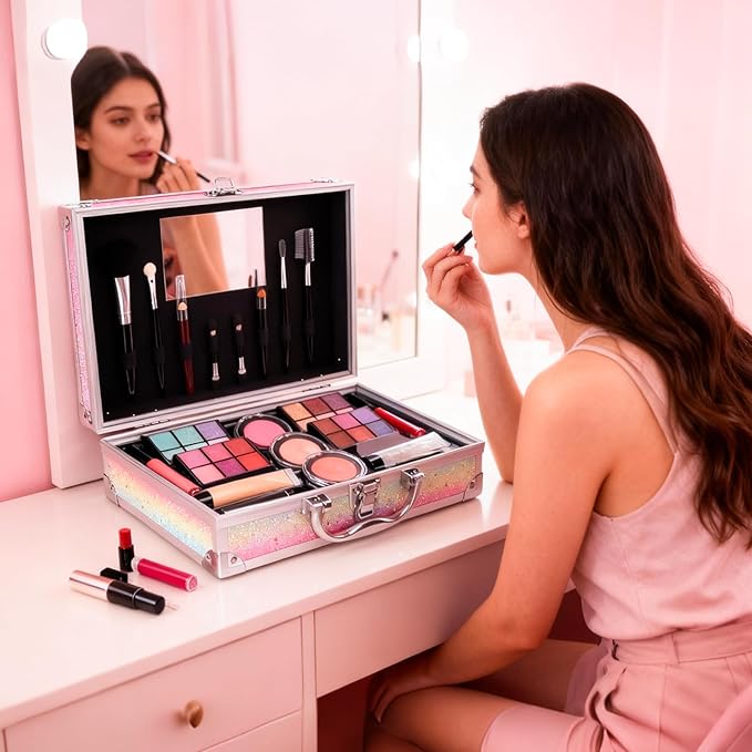 Makeup Kit for Teen Girls, Complete Cosmetic Set with Eyeshadow Palette, Lipstick, Blush, Lip Gloss, Brushes, Gifts for Christmas Thanksgiving Pink