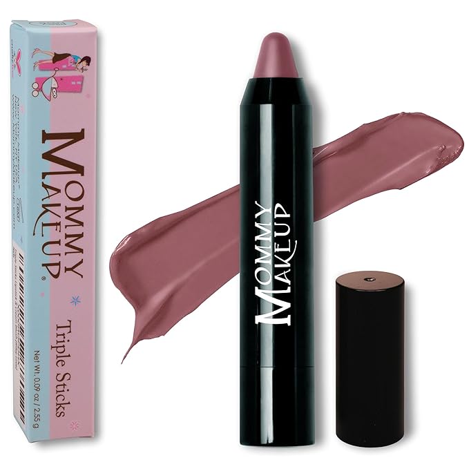 Mommy Makeup Triple Sticks Lipstick, Cream Blush & Treatment All-In-One with Shea & Cocoa Butter - Soft & Creamy Moisturizing Lip Crayon For Lips & Cheeks (Toasted Berry)