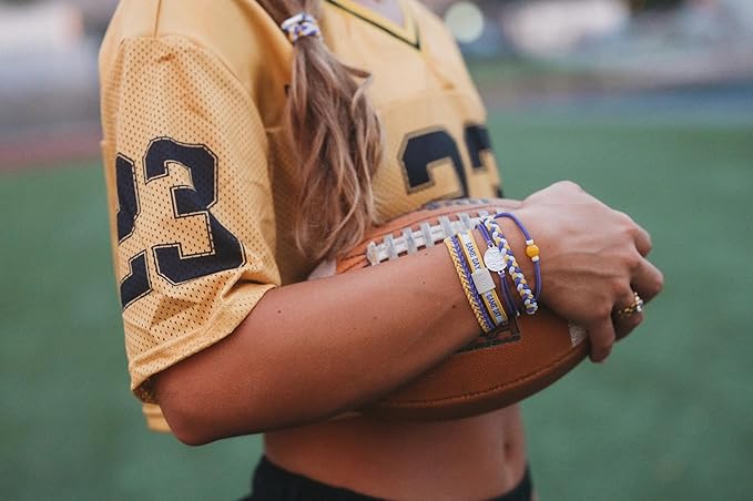 K'lani Game Day Hair Tie Bracelets – 5-Pack Stretchy No-Crease Hair Ties & Stylish Bracelets – Team Color Accessory for Hair or Wrist - Purple & Yellow, Large