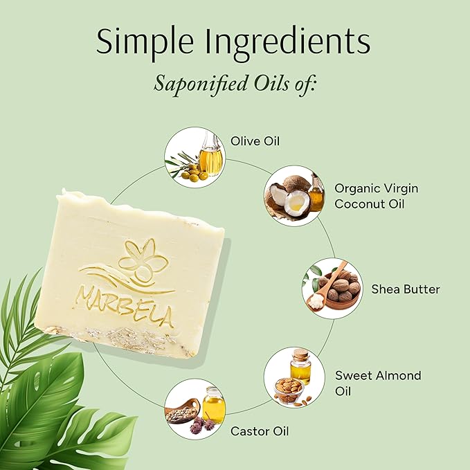 Marbela Cosmetics Natural Oats Handmade Soap Bar - Made in USA, Vegan Friendly, Palm Oil Free, Natural Bar Soap - Gentle Face & Body Soap for Daily Skin Care, Moisturizing & Nourishing - 3.5 oz