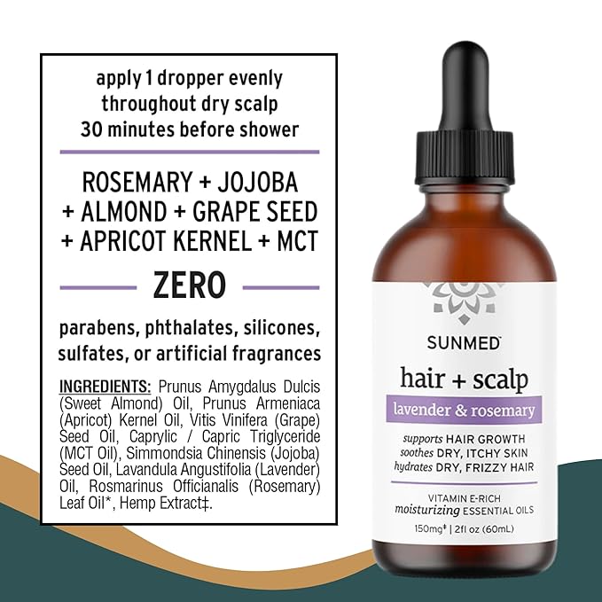 Sunmed Hair & Scalp Oil with Rosemary, Lavender, Jojoba, Vitamin E – Moisturizing Formula for Dry, Itchy Scalp & Frizzy Hair – Nourishes, Hydrates & Supports Hair Growth – 2 fl oz