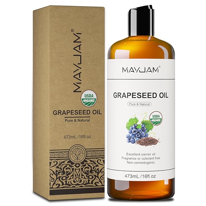 MAYJAM Organic Grapeseed Oil for Skin & Hair 16 oz, USDA Certified 100% Pure & Natural Grape Seed Oils, Cold Pressed Body Massage Carrier Oil for Skin Face Essential Oils Mixing, Hexane Free