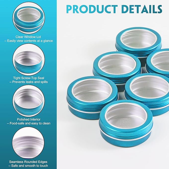 24 Pack 2 Ounce Screw Top Aluminum Tin Jar with Screw Clear Lid and Blank Labels, Refillable 60ml Metal Containers for Lip Balms, Candles, Salves, Spices, Crafts (Lake Blue)