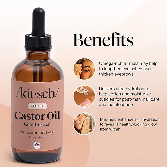 Kitsch Organic Castor Oil for Hair Growth - 100% Pure Castor Oil, Organic Cold Pressed Unrefined Glass Bottle for Face, Skin, Lashes, Brows, Scalp, Nails & Belly Button | Ideal Gifts for Women - 2 oz