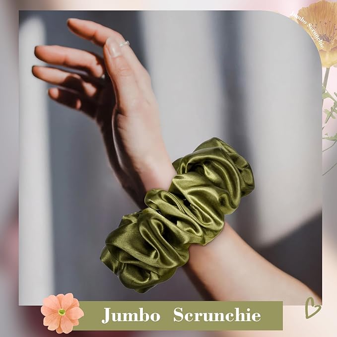 CEELGON Olive Green Big Satin Scrunchie6.5 Inches Jumbo Scrunchies Silky Hair Ties Oversized Ponytail Holderfor Thick Curly Hair Extra Large Hair Accessories for Women (Olive Green)