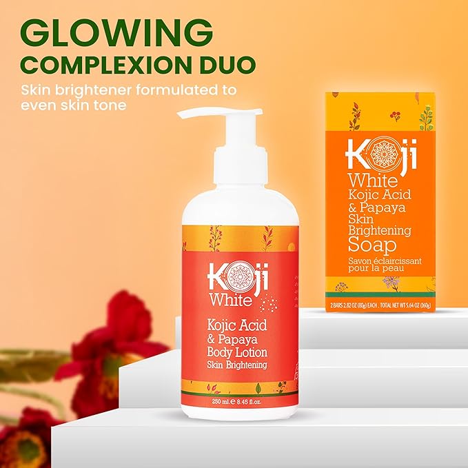 Koji White Kojic Acid & Papaya Body Lotion, Women Gift Sets for Exfoliating, Skin Brightening, Moisturizer, Radiance, Even Tone, Age Spots & Sun Damaged, Vegan, Paraben-Free, 8.45 Fl Oz (2 Bottles)