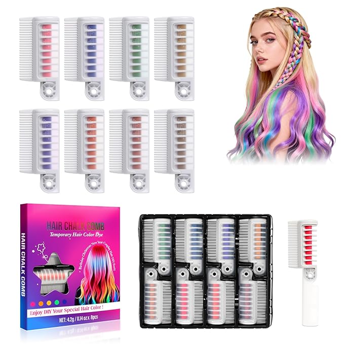 Festive Fun Hair Chalk Combs, 8 Color Washable Hair Chalk Set, Hair Color Comb Temporary Hair Chalk Comb,for All Ages for Birthday Party, Christmas Gifts