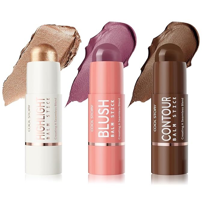 Cool Story 3-in-1 Makeup Set, Highlighter, Blush and Contour Balm Stick, Cream Formula for Face Contouring, Professional Cosmetic Kit (SET-C)