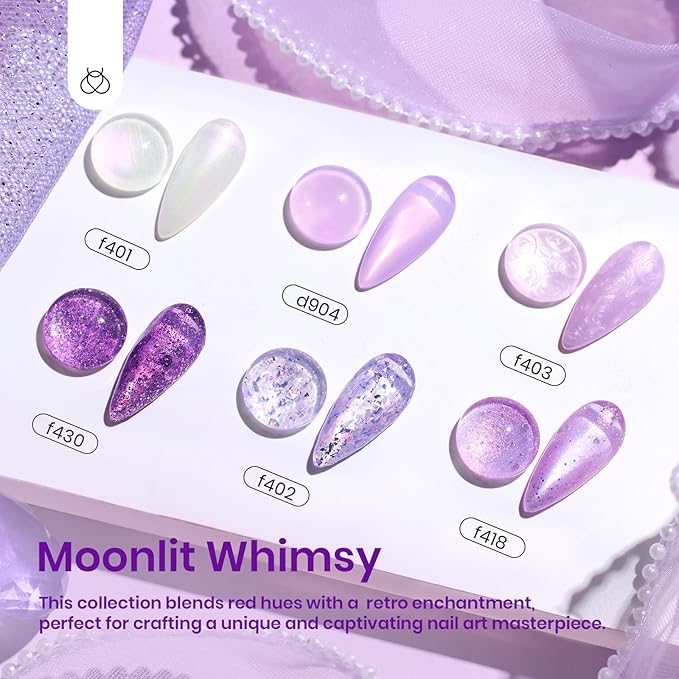 Beetles Purple Gel Polish Set - 6 Color Purple Shimmer Pearl Jelly Gel Polish with Nail Brush Soak Off LED Lamp Swirl Shell Thread Effect DIY Manicure Gifts for Mom