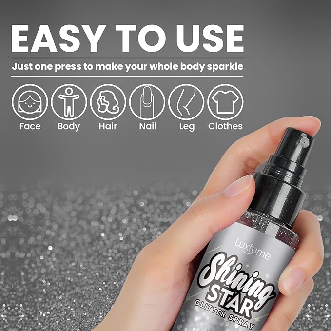 Glitter Spray for Hair and Body, Silver Body Glitter Spray, Quick-Drying and Waterproof Glitter Hairspray, Nozzles are not Easily clogged, Long-Lasting for Stage Makeup, 3.38 oz