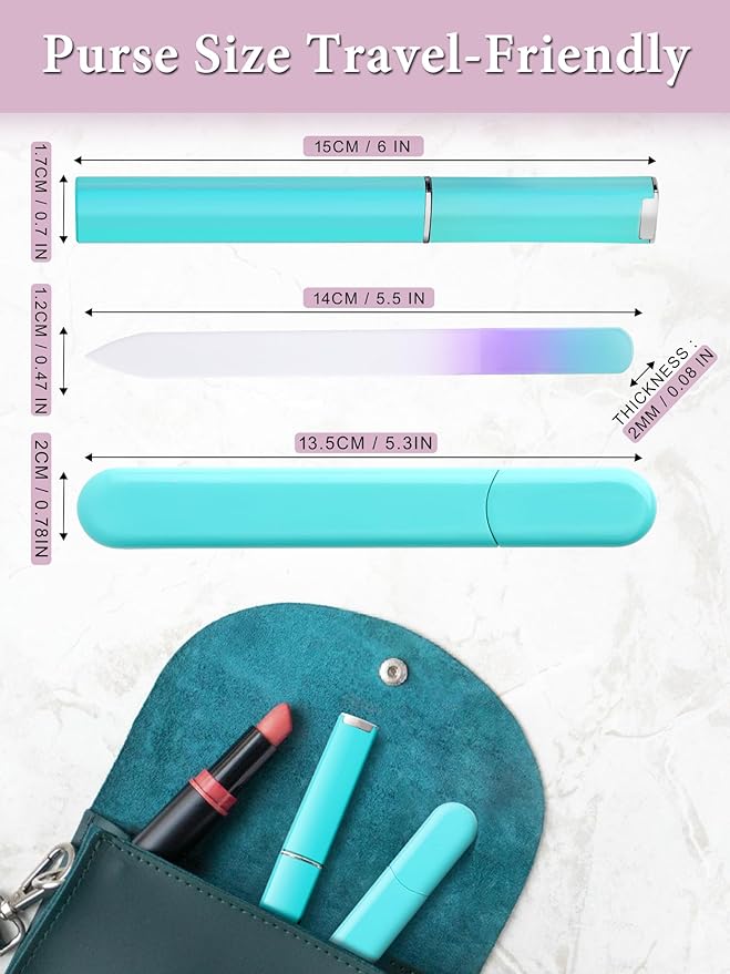 Glass Nail File and Buffer with Case, Crystal Fingernail Files for Natural Nails Care Glass Nail Shiner Nano Polisher for Travel Home Salon Nail Filer Stocking Stuffers for Women Girl Wife Gifts- Cyan