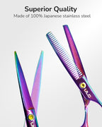 ULG Professional Hair Scissors Kit Right-Hand Razor Edge Barber Scissors Salon Hair Cutting Shears Made of Japanese Stainless Steel, Hand Sharpened 6.5 inch Rainbow